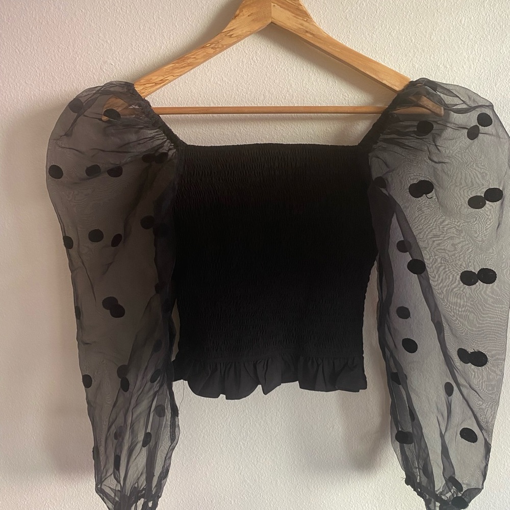 fab’rik Black Puff Sheer Sleeve Going Out Date Night Top Puffy Crop Sexy Small